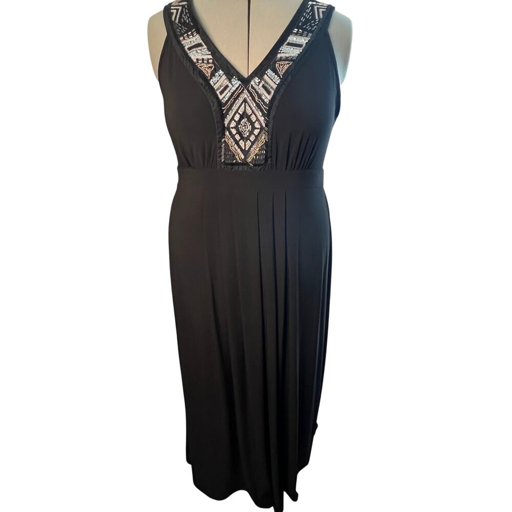 Sami & Jo Plus 2X Black Beaded Sequin Maxi Dress Empire Waist Stretch V Neck